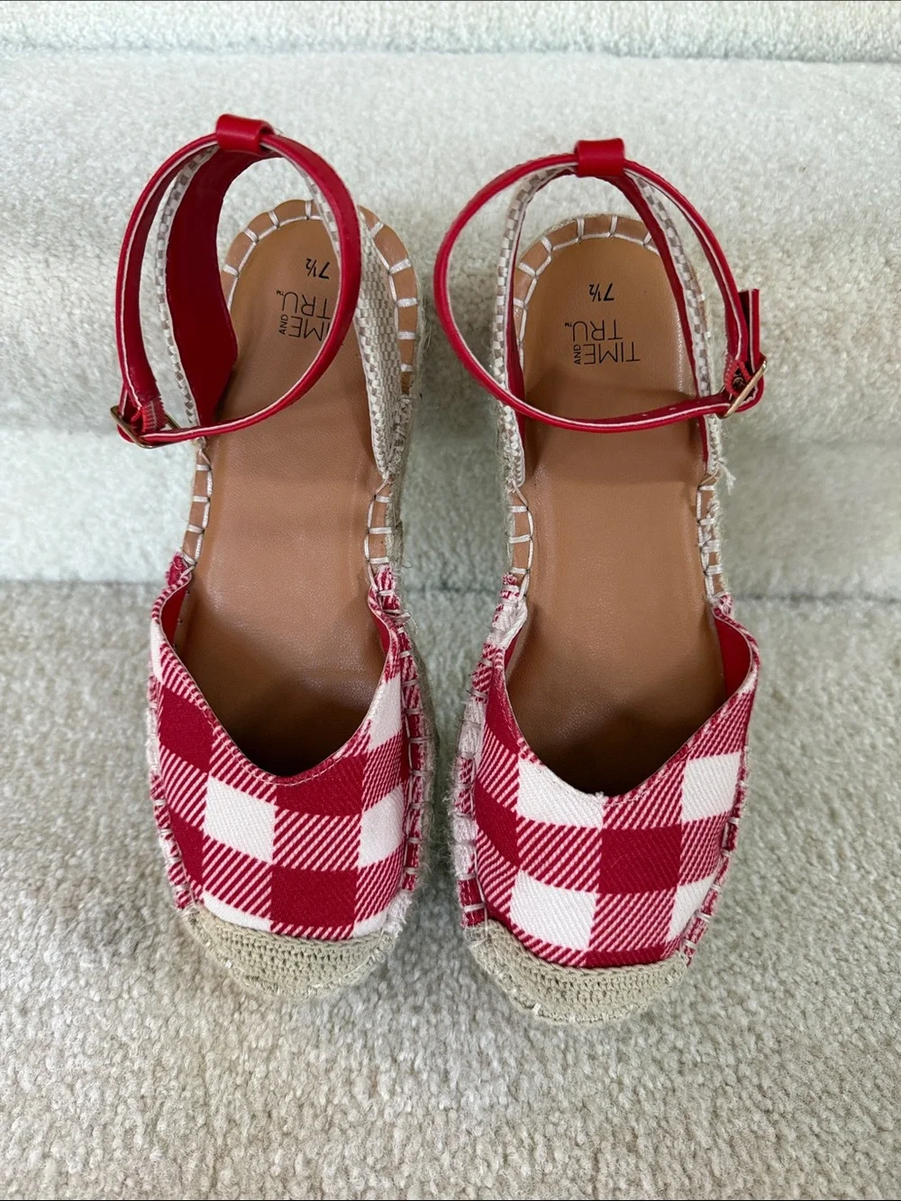 Time and Tru Red and White Gingham Espadrille Sandals with Ankle Strap